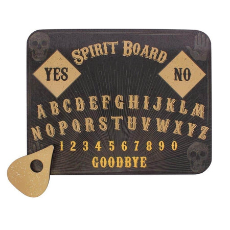 Ouija board with letters, numbers, and planchette, used for spirit communication and divination.
