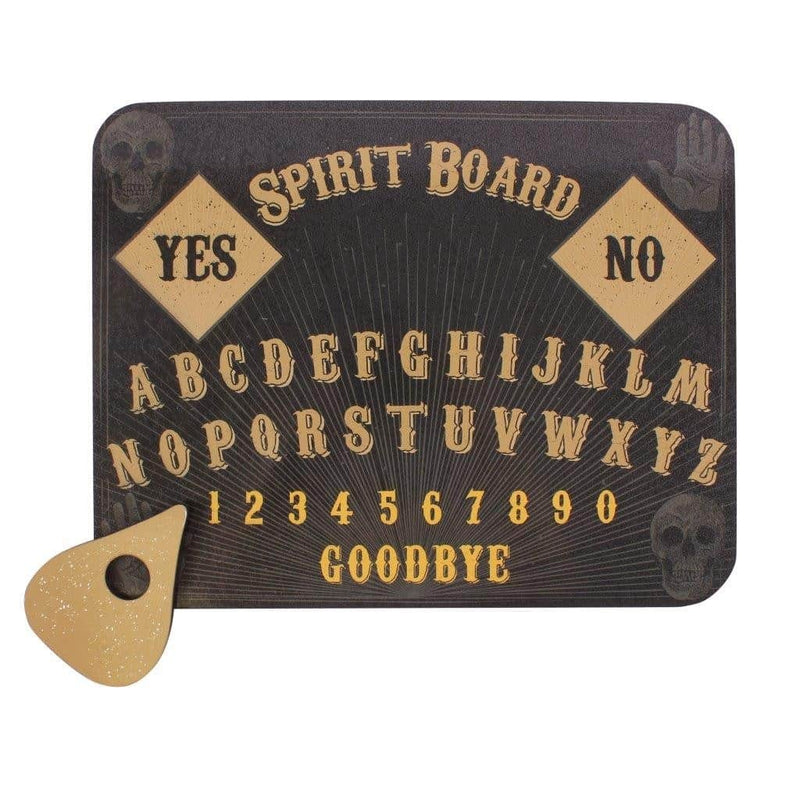 Ouija board with letters, numbers, and planchette, used for spirit communication and divination.