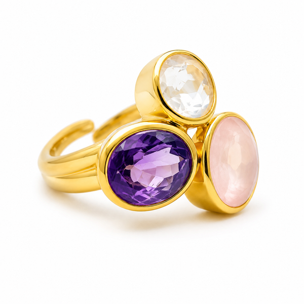 Gouden Driehoek Edelsteen Ring 925 Zilver &amp; Verguld "Balance"