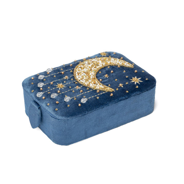 Sieraden En Tarotdoos Fluweel Blauw Met Maan 11x15,5x5 cm