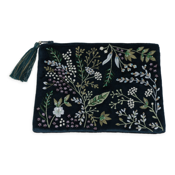 Etui Fluweel Donkerblauw Met Bloemen 20x15 cm