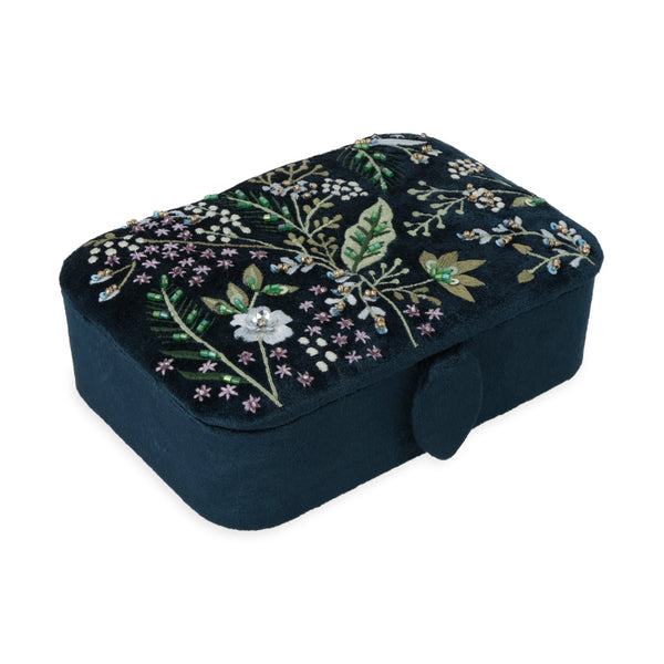 Sieraden En Tarotdoos Fluweel Donkerblauw Met Bloemen 11x15,5x5 cm