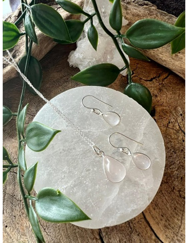 Roze kwarts druppel sieraden set zilver