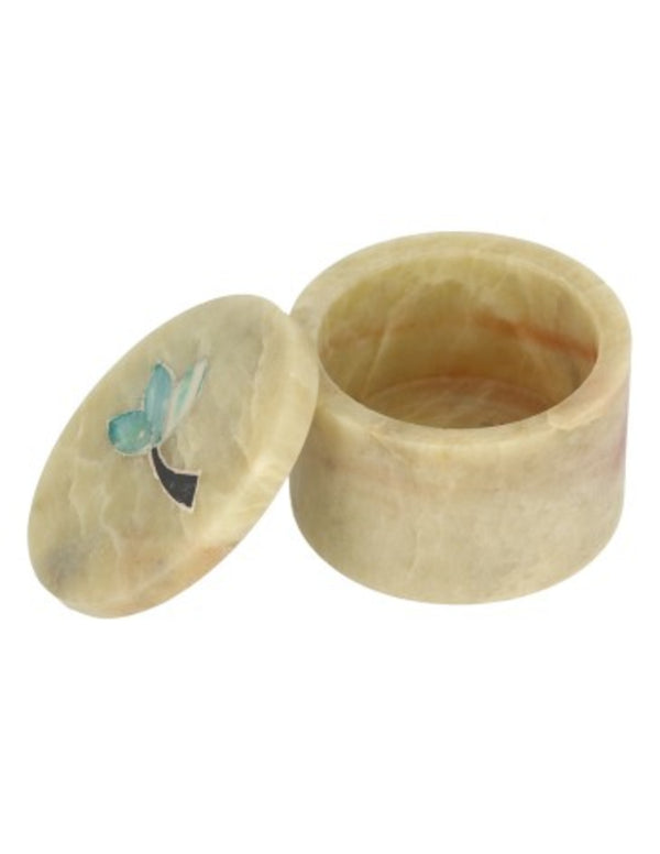 Speksteen doosje rond bloem 4,5 cm