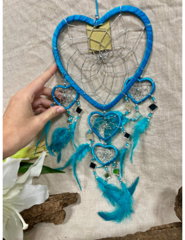 Dromenvanger - Hartje met spiegels - Turquoise - 17 cm - Dreamcatcher