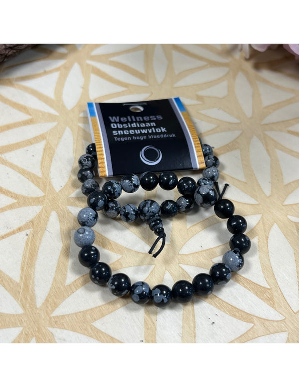 Obsidiaan sneeuwvlok powerbead armband + kaart