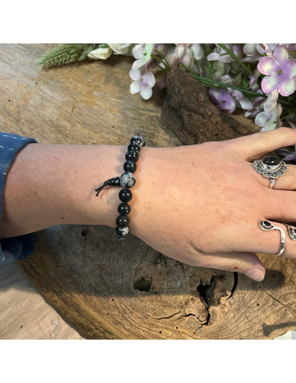 Obsidiaan sneeuwvlok powerbead armband + kaart