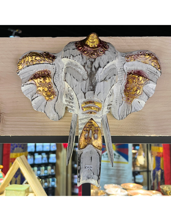 Balinees Olifanten Hoofd - Wit - 25cm - Muurdecoratie