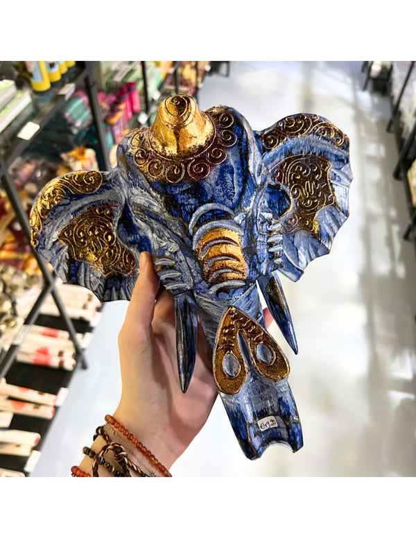 Balinees Olifanten Hoofd - Blauw - 25cm - Muurdecoratie