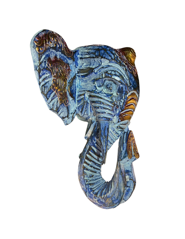 Balinees Olifanten Hoofd - Blauw - 25cm - Muurdecoratie