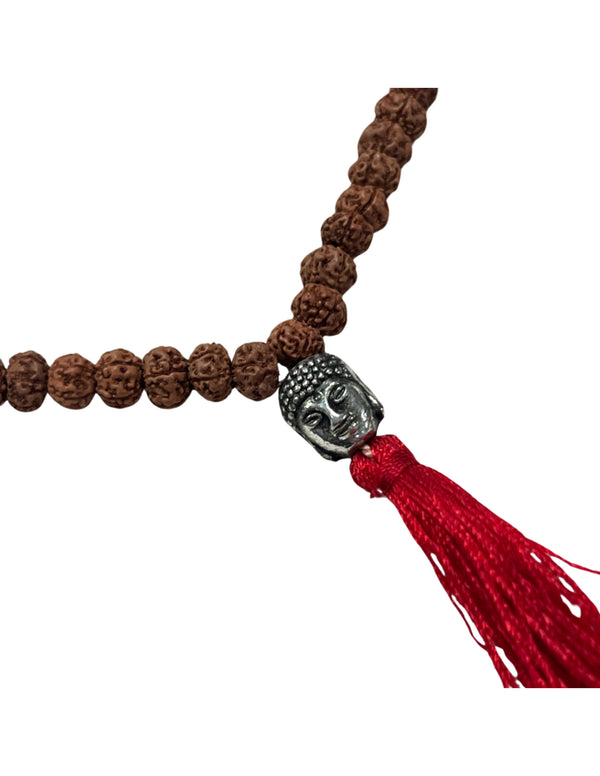 Mala ketting Rhudraksha boeddha hoofd rode kwast 25 cm