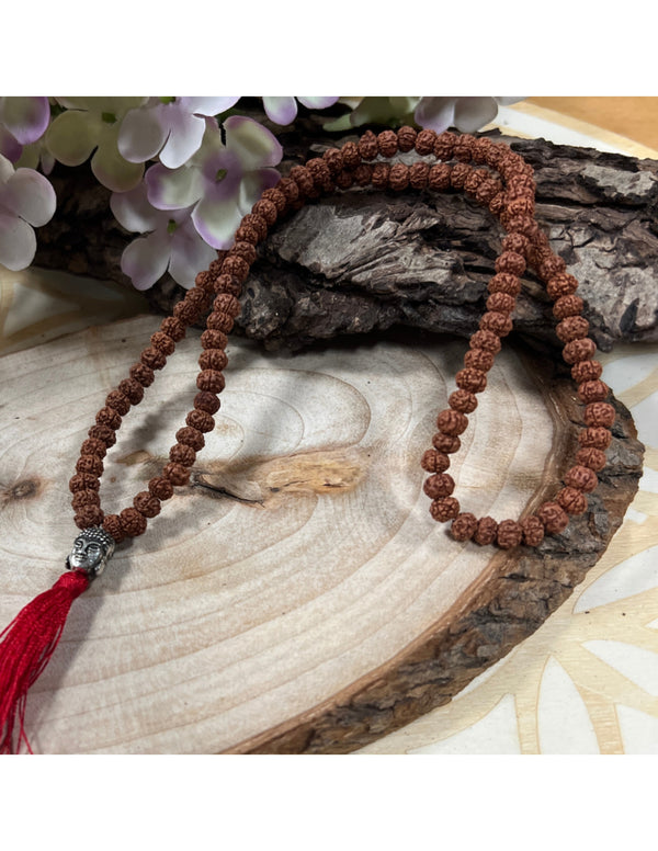 Mala ketting Rhudraksha boeddha hoofd rode kwast 25 cm