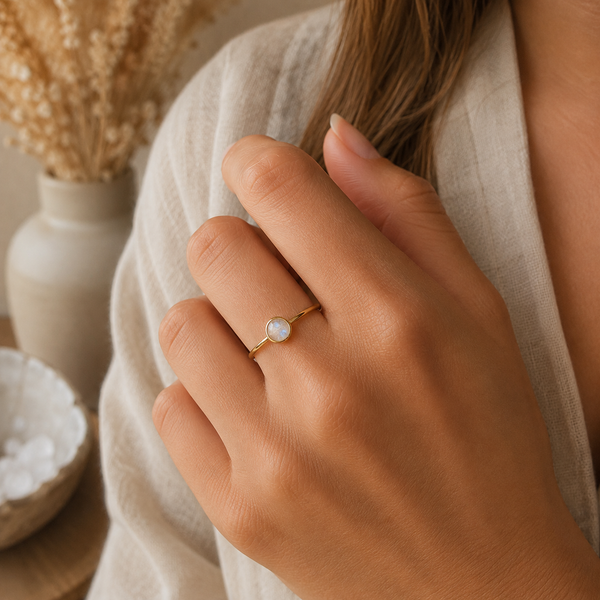 Geboortesteen Ring Maansteen Juni - 925 Zilver Verguld (Maat 17)