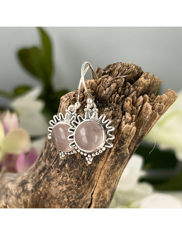 Roze kwarts zilveren design oorbellen model 3