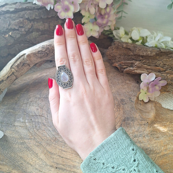 Maansteen regenboog boho ring zilver nr.19 - maat 19
