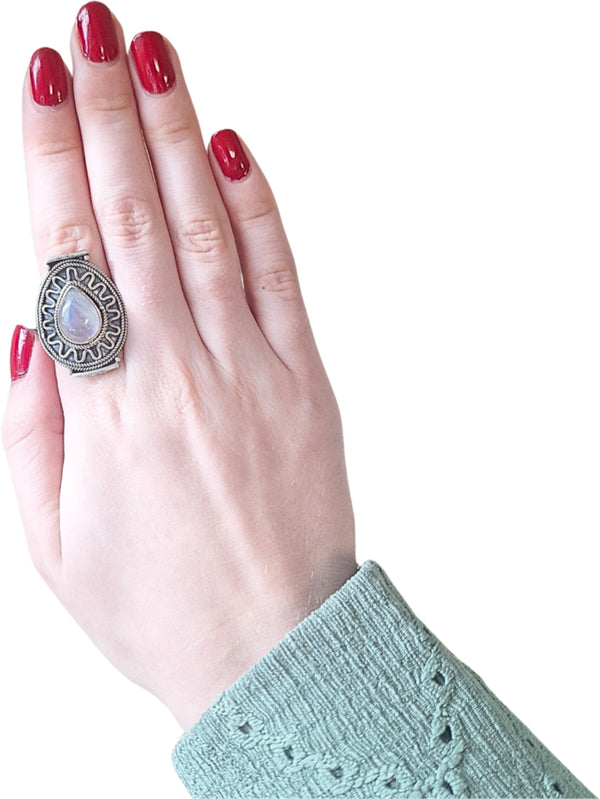Maansteen regenboog boho ring zilver nr.19 - maat 19