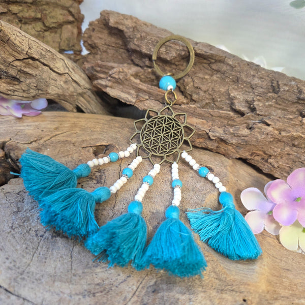 Ibiza sleutelhanger - Flower of life - turquoise & bronskleur