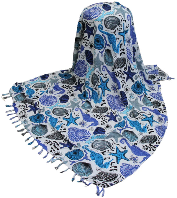 Om Namaste Sarong - 650 - Schelpen - Blauw op Wit