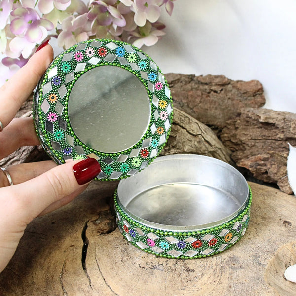 Glitter doosje 90 mm met spiegel groen