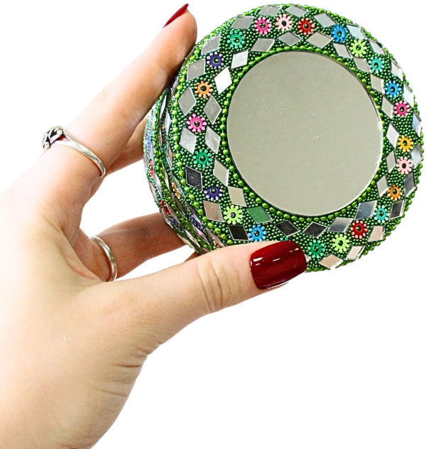Glitter doosje 90 mm met spiegel groen