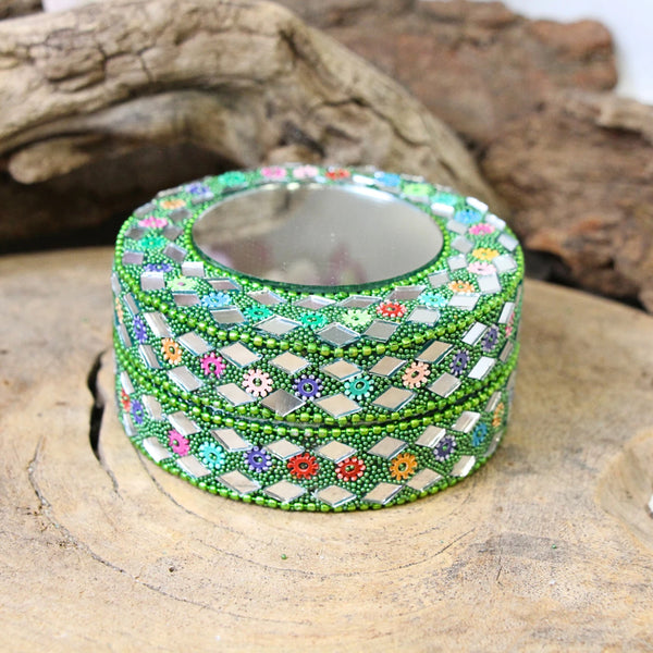 Glitter doosje 90 mm met spiegel groen