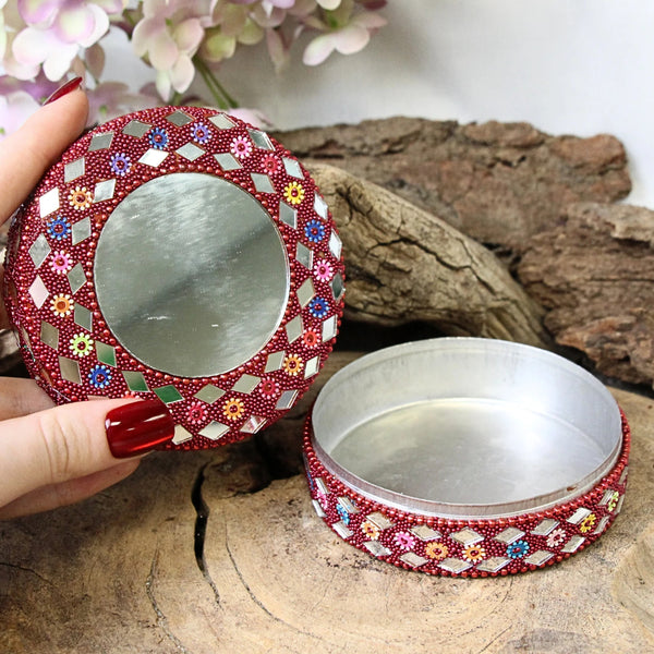 Glitter doosje 90 mm met spiegel rood