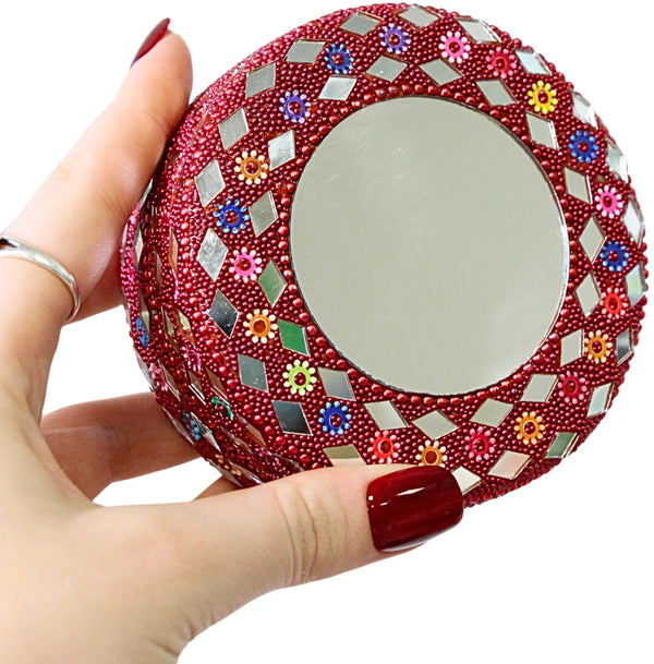 Glitter doosje 90 mm met spiegel rood