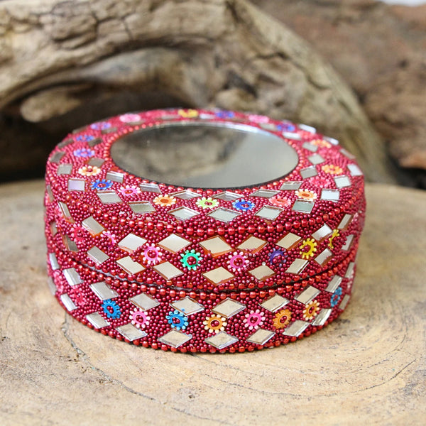 Glitter doosje 90 mm met spiegel rood