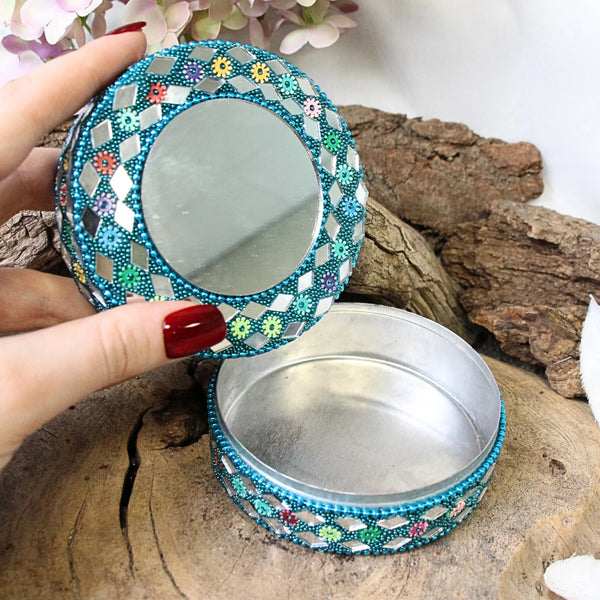 Glitter doosje 90 mm met spiegel blauw