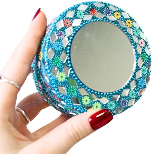 Glitter doosje 90 mm met spiegel blauw