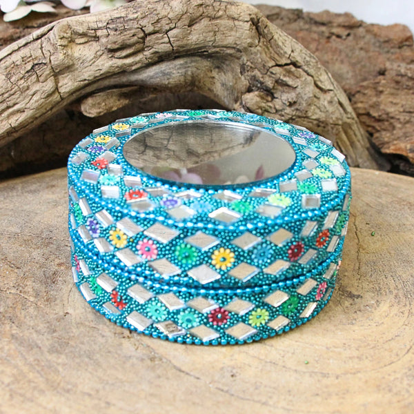 Glitter doosje 90 mm met spiegel blauw