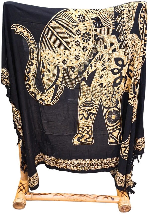 Sarong - 022 - Olifant beige op zwart van Om Namaste - Pareo Saunadoek Wikkeljurk