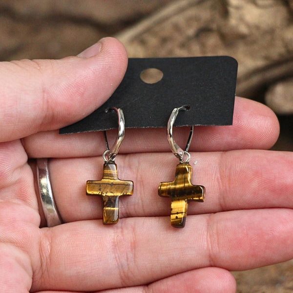 Tijgeroog kruis oorbellen - fashion jewelry