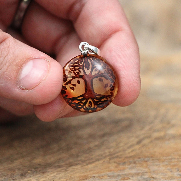 Barnsteen levensboom hanger met 925 sterling zilveren hanger (Amber)
