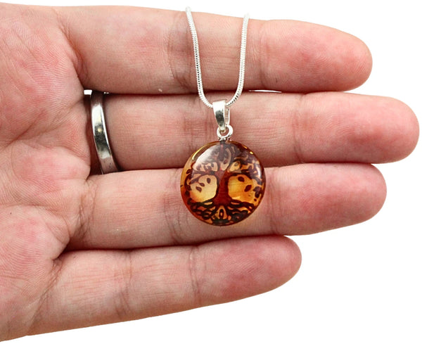 Barnsteen levensboom hanger met 925 sterling zilveren hanger (Amber)