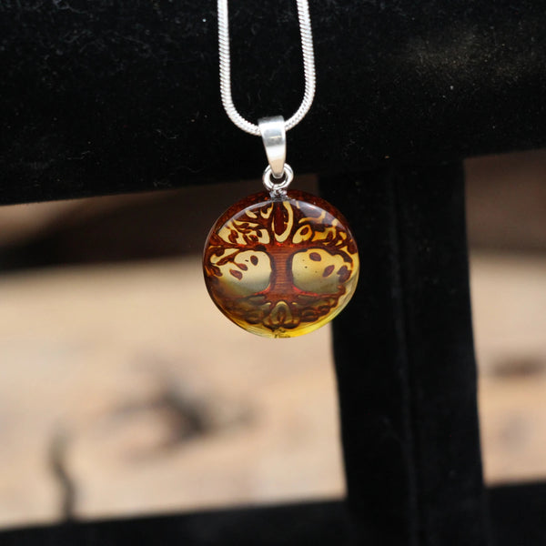 Barnsteen levensboom hanger met 925 sterling zilveren hanger (Amber)
