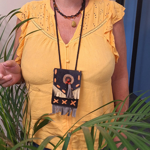 Leren Tasje Indianen style - donkerblauw - met franjes
