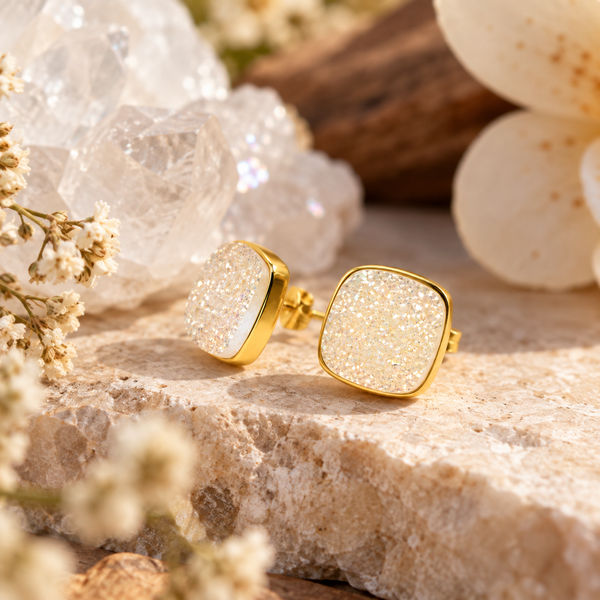 Edelsteen Oorstekers Druzy Kwarts - 925 Zilver &amp; Verguld