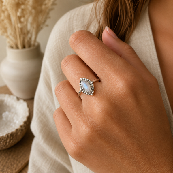 Edelsteen Ring Regenboog Maansteen - 925 Zilver (Maat 17)