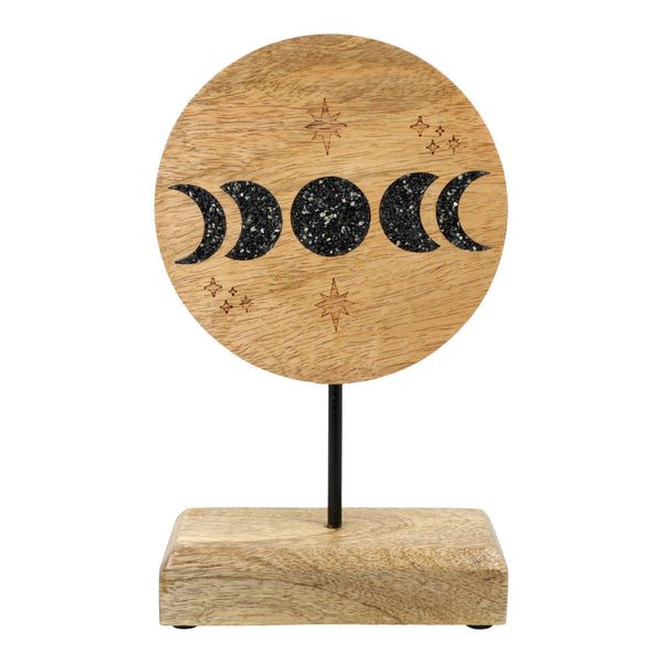 Deco Maanfasen Mangohout Met Zwarte Toermalijn En Pyriet Op Voet 26 cm