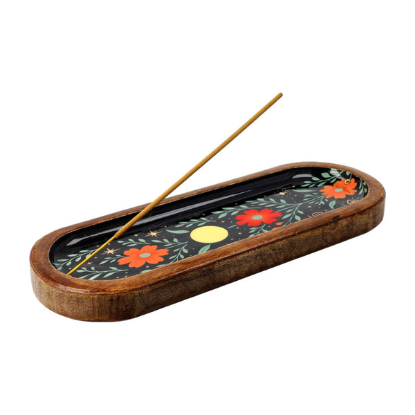 Wierookbrander Mangohout Bloemmotief Zwart 28x9 5 cm