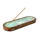 Wierookbrander/schaaltje mangohout drievoudige maan turquoise -- 28x9,5cm