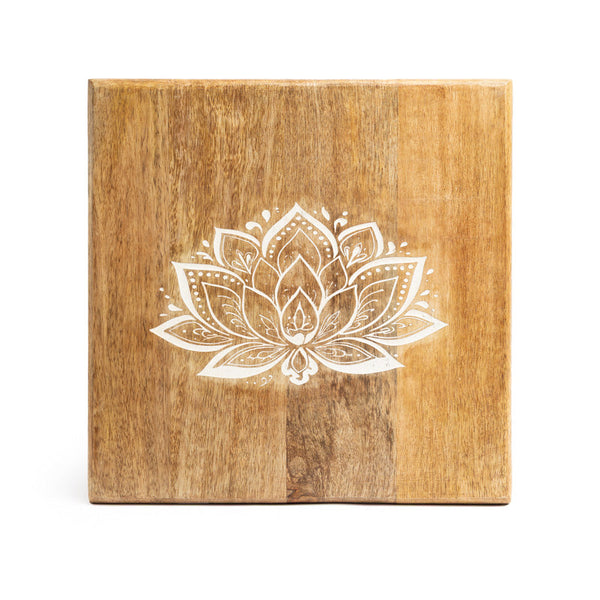 Altaartafeltje Vierkant Mangohout Met Lotusmotief Whitewash 30x30x23 cm