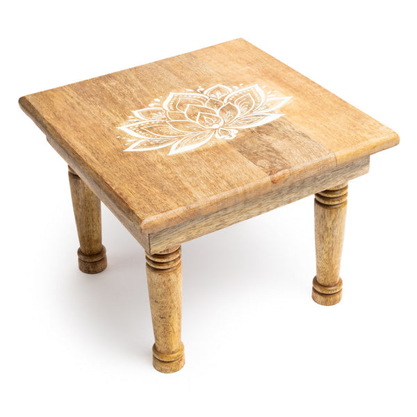 Altaartafeltje Vierkant Mangohout Met Lotusmotief Whitewash 30x30x23 cm