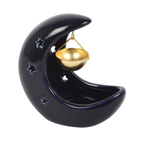 Oliebrander Keramische Hangende Maansikkel Blauw Gouden Metalen Schaaltje