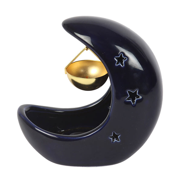Oliebrander Keramische Hangende Maansikkel Blauw Gouden Metalen Schaaltje
