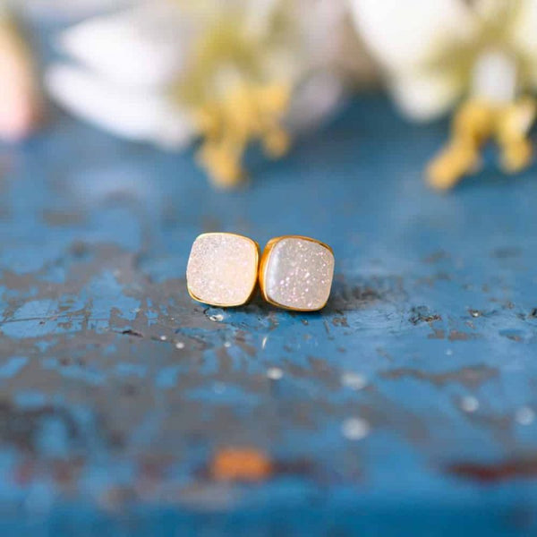 Edelsteen Oorstekers Druzy Kwarts - 925 Zilver &amp; Verguld