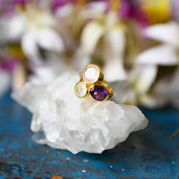 Gouden Driehoek Edelsteen Ring 925 Zilver &amp; Verguld "Balance"