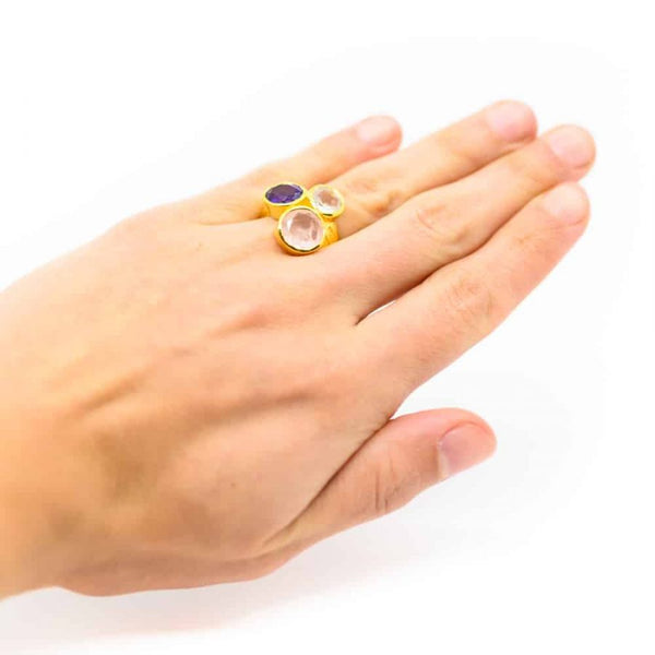 Gouden Driehoek Edelsteen Ring 925 Zilver &amp; Verguld "Balance"