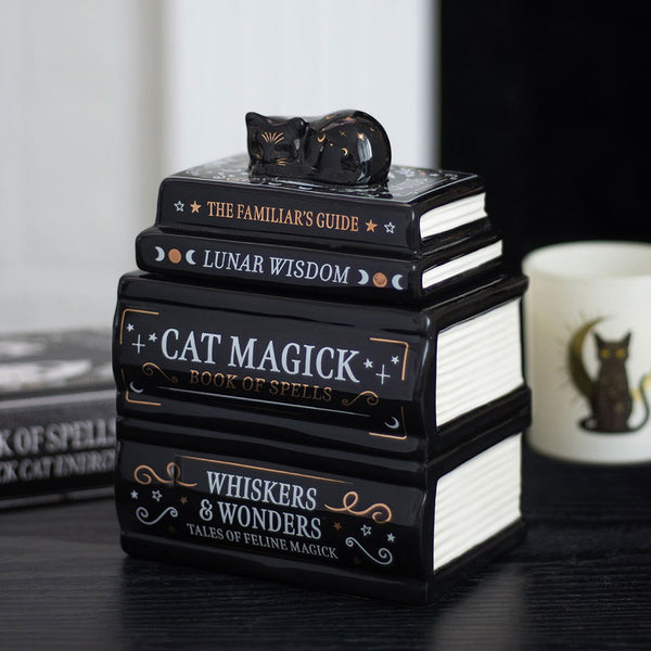 Black Cat Oliebrander Boek Stapel Met Kat